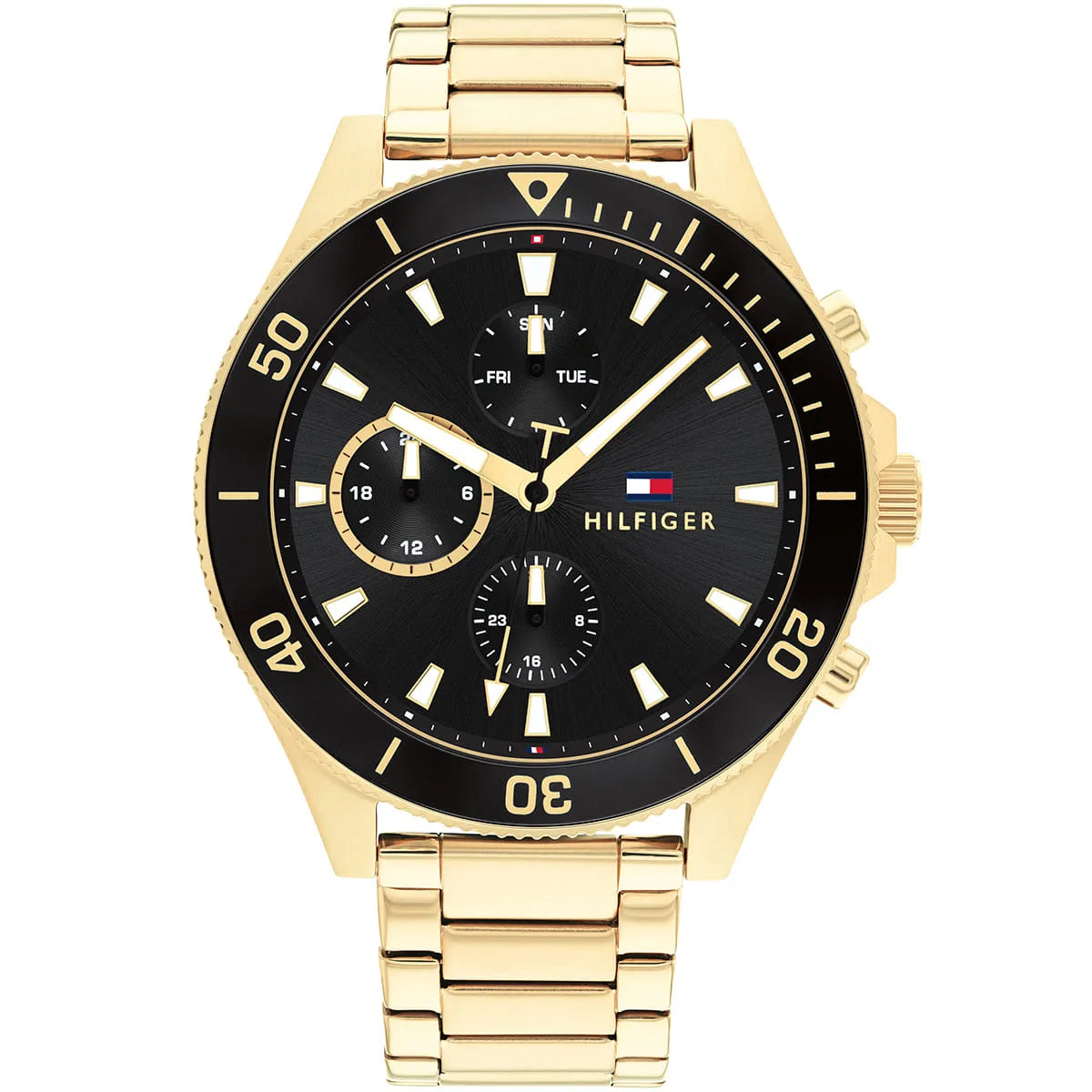 Authentic real-life photo of Tommy Hilfiger 1791919 showing actual gold shine and black sunray dial