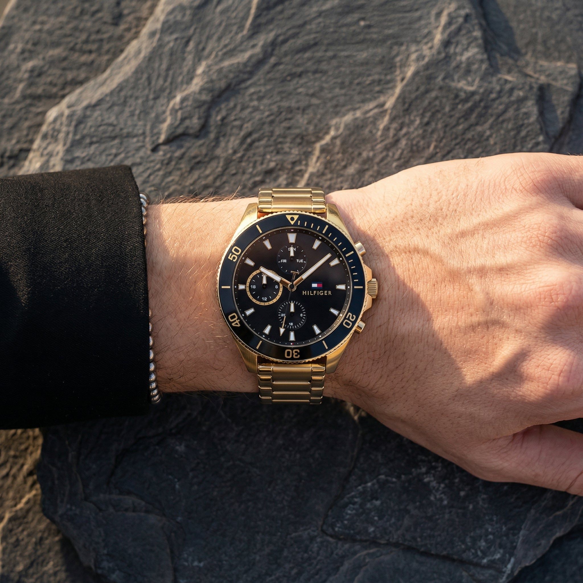 Close up shot of Tommy Hilfiger 1791919 on wrist showing black dial and sub-dial counters