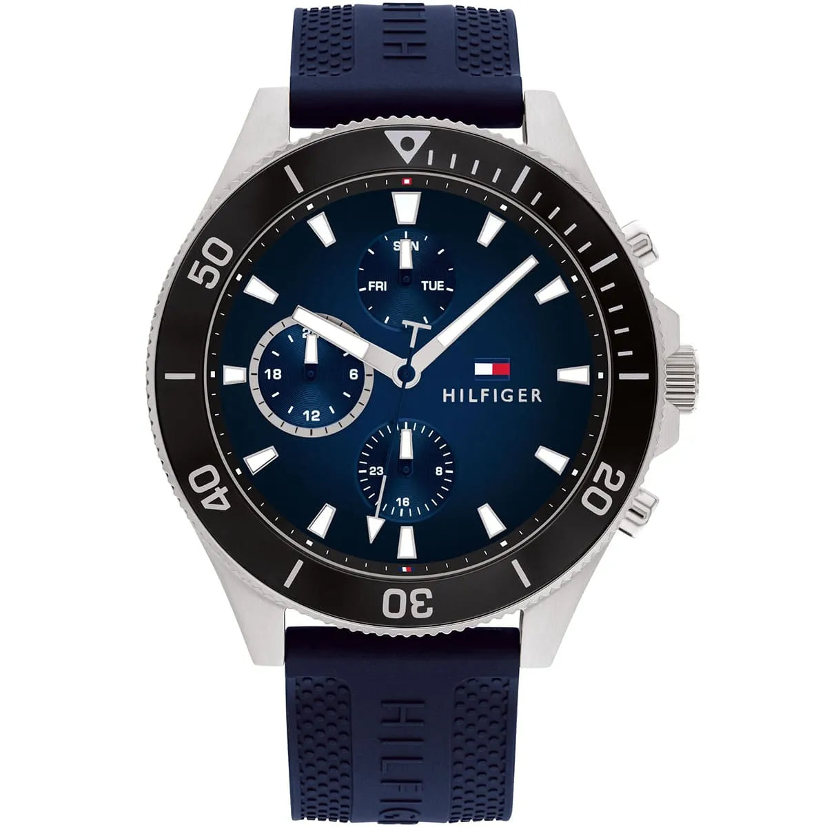 Authentic real-life photo of Tommy Hilfiger 1791920 showing actual blue rubber strap and sunray blue dial