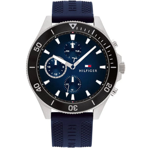 Authentic real-life photo of Tommy Hilfiger 1791920 showing actual blue rubber strap and sunray blue dial