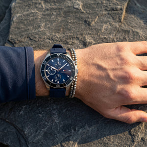 Close up shot of Tommy Hilfiger 1791920 on wrist showing blue dial and sub-dial counters
