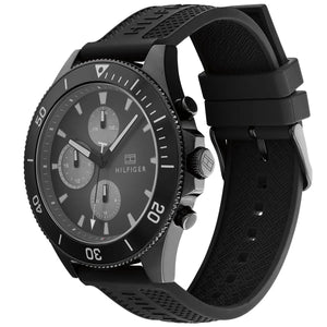 Angled real-life photo of Tommy Hilfiger 1791921 showing the black case and rubber texture