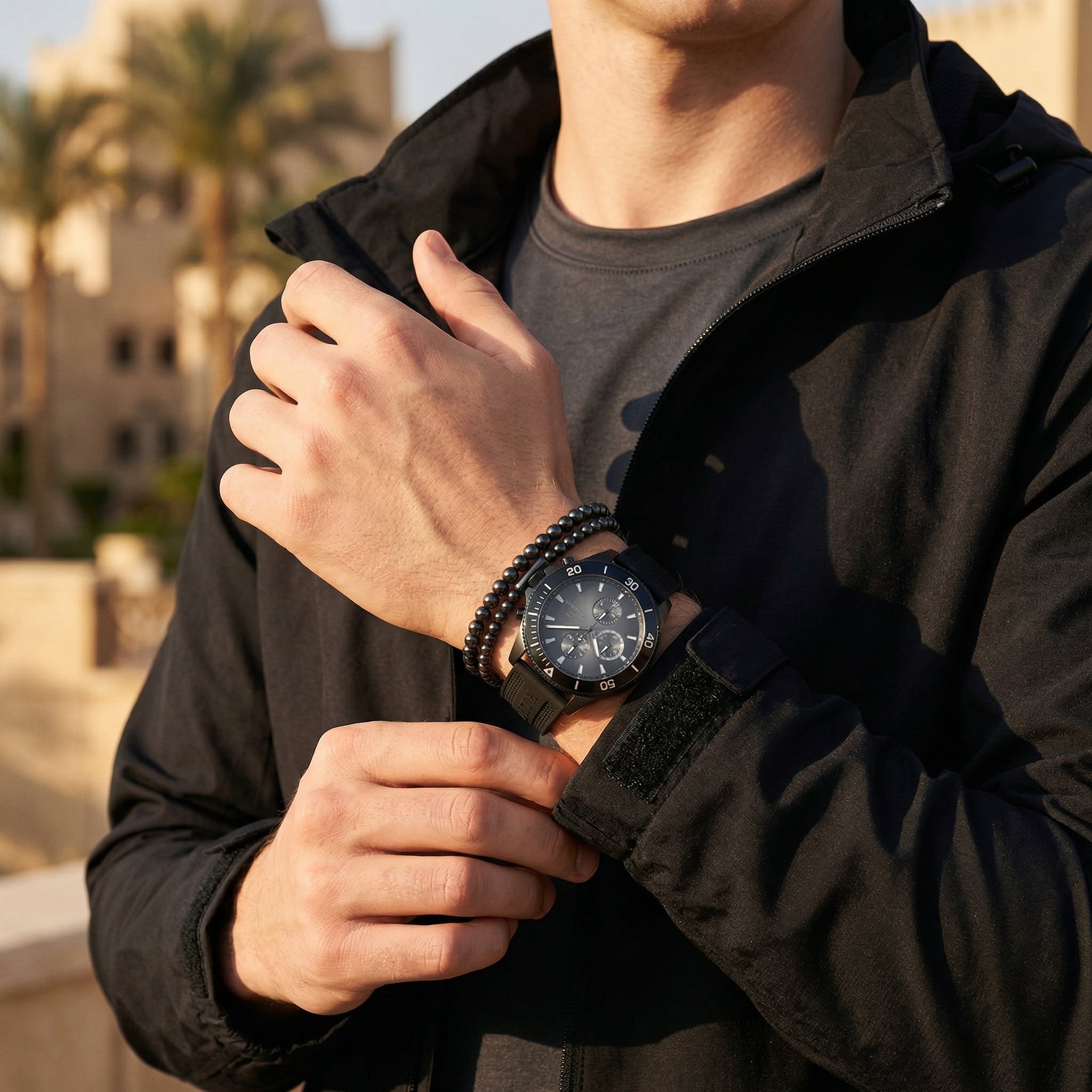 Lifestyle photo of Tommy Hilfiger 1791921 showing the watch on a man's wrist with sporty black strap