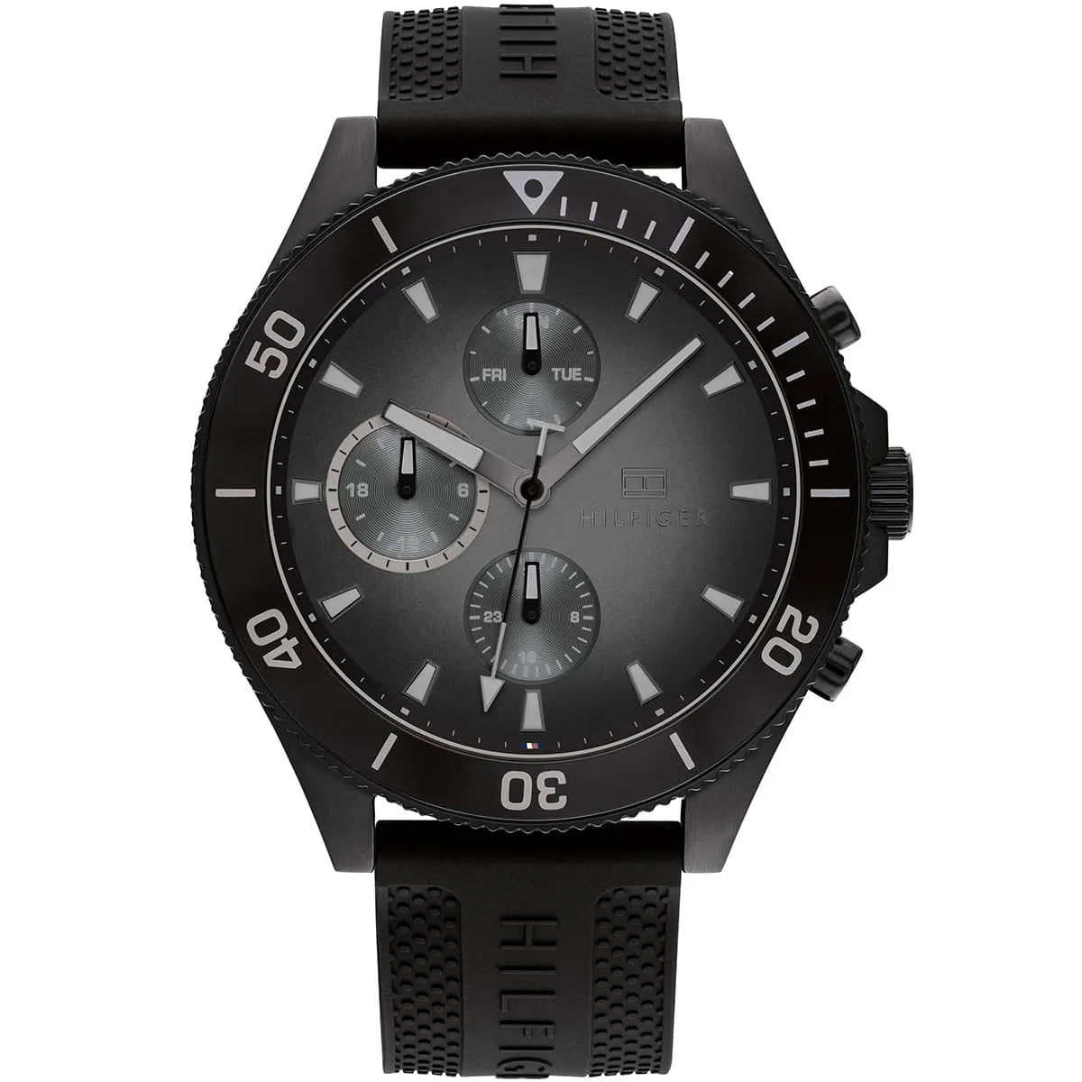 Authentic real-life photo of Tommy Hilfiger 1791921 showing actual black finish and black rubber strap