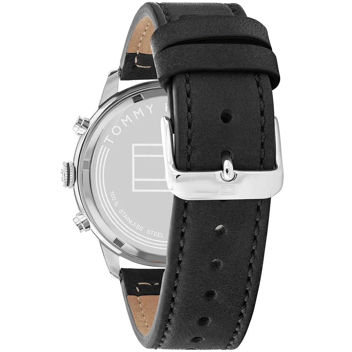 Photo of the silver stainless steel buckle on the black leather strap of Tommy Hilfiger 1791947