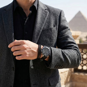 Lifestyle photo of Tommy Hilfiger 1791947 showing the watch on a man's wrist with black leather strap