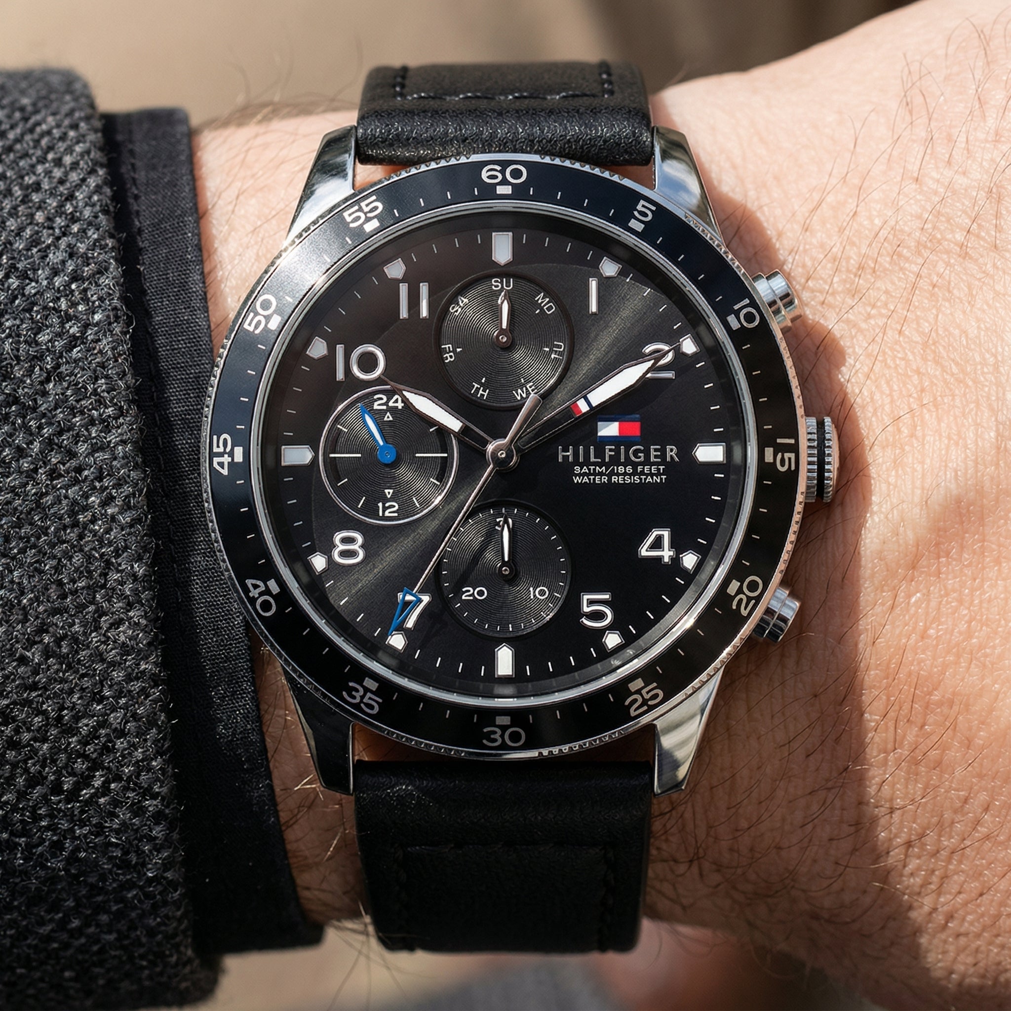 Close up shot of Tommy Hilfiger 1791947 on wrist showing black dial and sub-dial counters