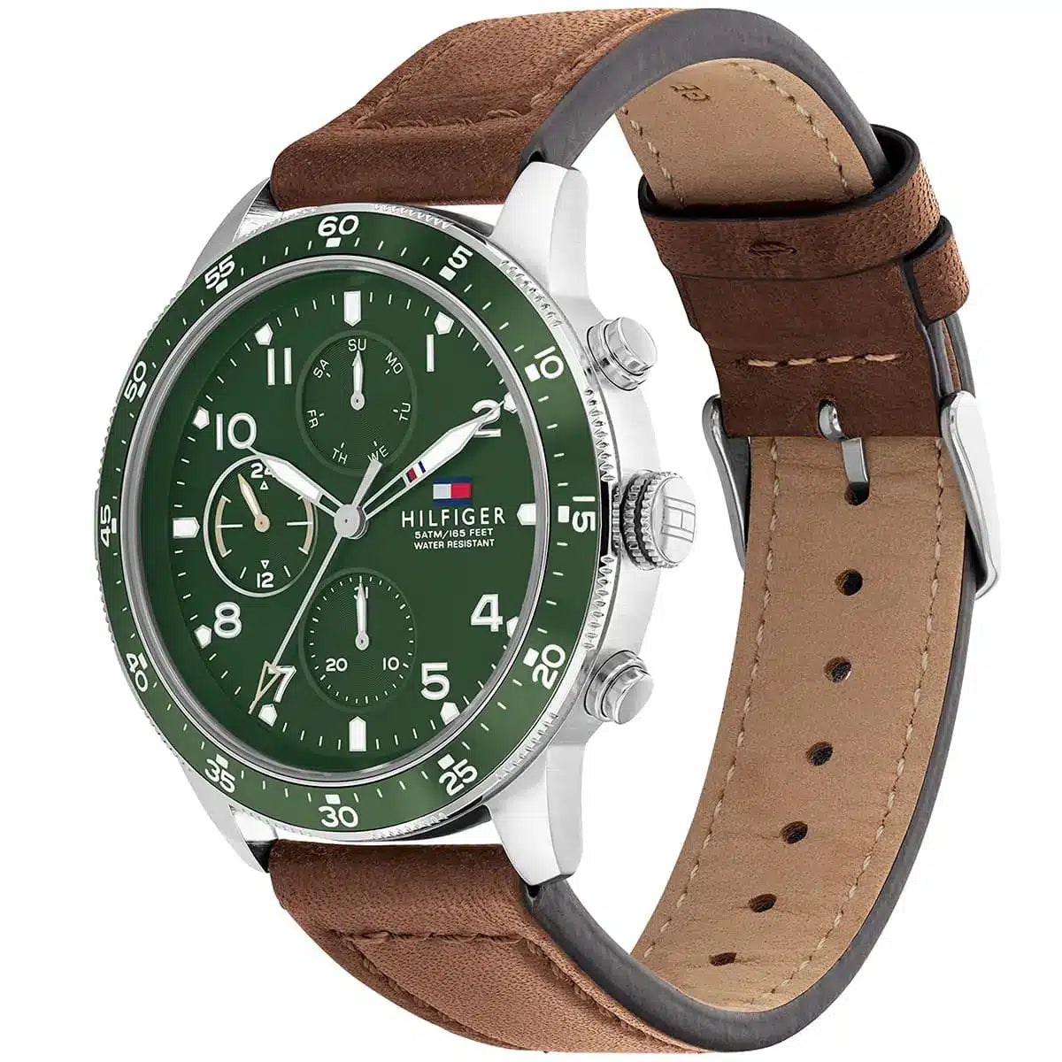 Angled real-life photo of Tommy Hilfiger 1791948 showing the polished case and leather strap