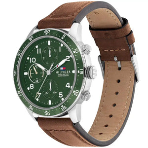 Angled real-life photo of Tommy Hilfiger 1791948 showing the polished case and leather strap