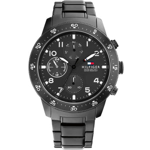 Tommy Hilfiger Jimmy 1791951 men's watch featuring a black stainless steel case, multi-function black dial, and metal link bracelet