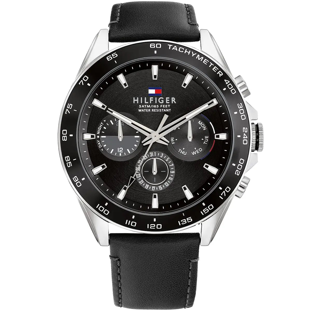 Tommy Hilfiger Damon 1791964 men's watch featuring a silver stainless steel case, textured black multi-function dial, and black leather strap