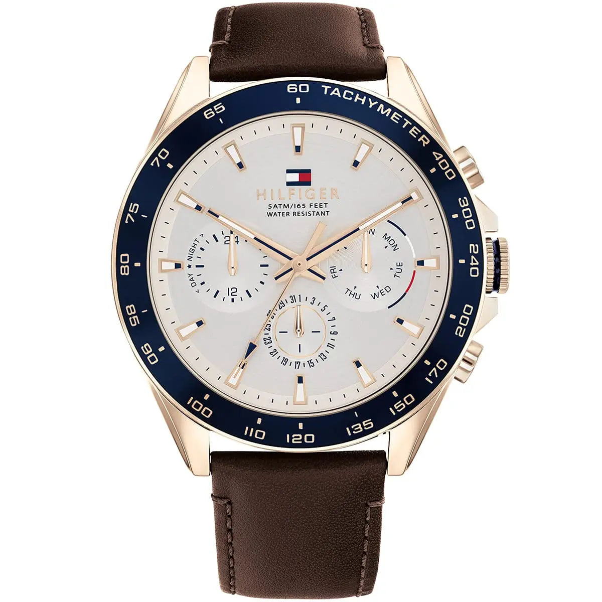 Tommy Hilfiger Damon 1791966 men's watch featuring a gold-tone stainless steel case, textured white multi-function dial, and brown leather strap