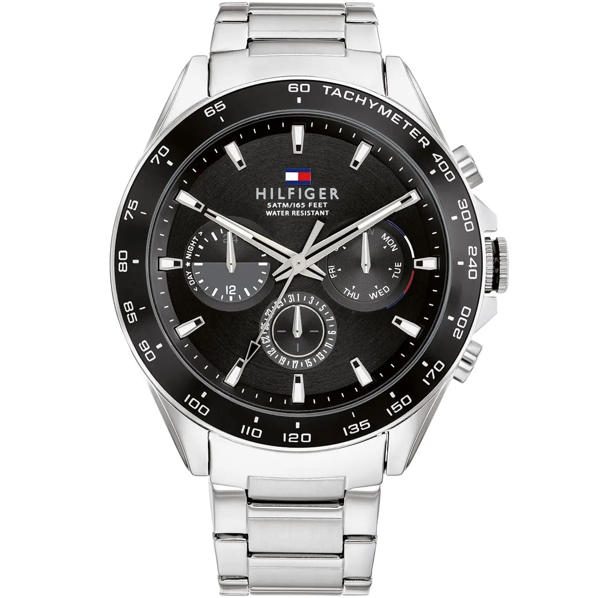 Tommy Hilfiger Damon 1791967 men's watch featuring a silver stainless steel case, textured white multi-function dial, and link bracelet