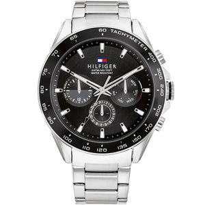 Tommy Hilfiger Damon 1791967 men's watch featuring a silver stainless steel case, textured white multi-function dial, and link bracelet