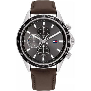 Tommy Hilfiger Miles 1792015 men's quartz battery watch with gray dial, silver-tone case, brown leather strap main view