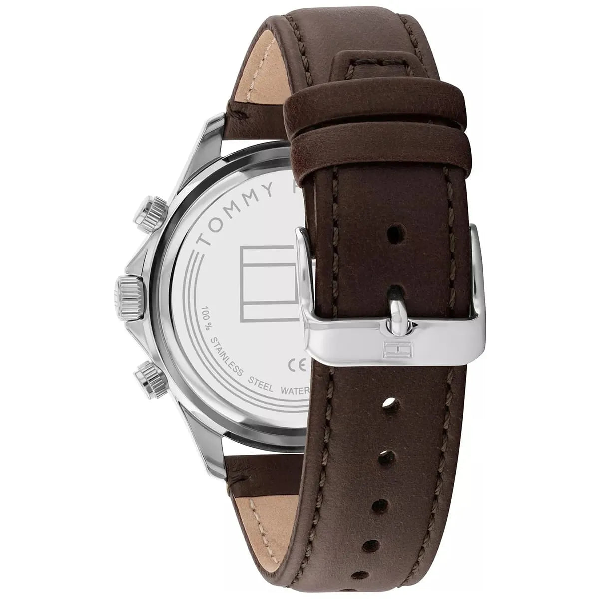 Caseback of Tommy Hilfiger Miles 1792015 men's quartz battery watch showing technical specs gray dial and leather strap