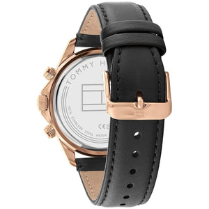 Caseback of Tommy Hilfiger Miles 1792016 men's quartz battery watch showing technical specs white dial and leather strap