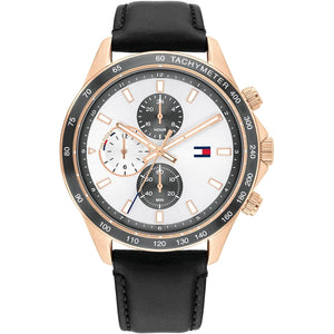 Tommy Hilfiger Miles 1792016 men's quartz battery watch with white dial, silver-tone case, black leather strap main view
