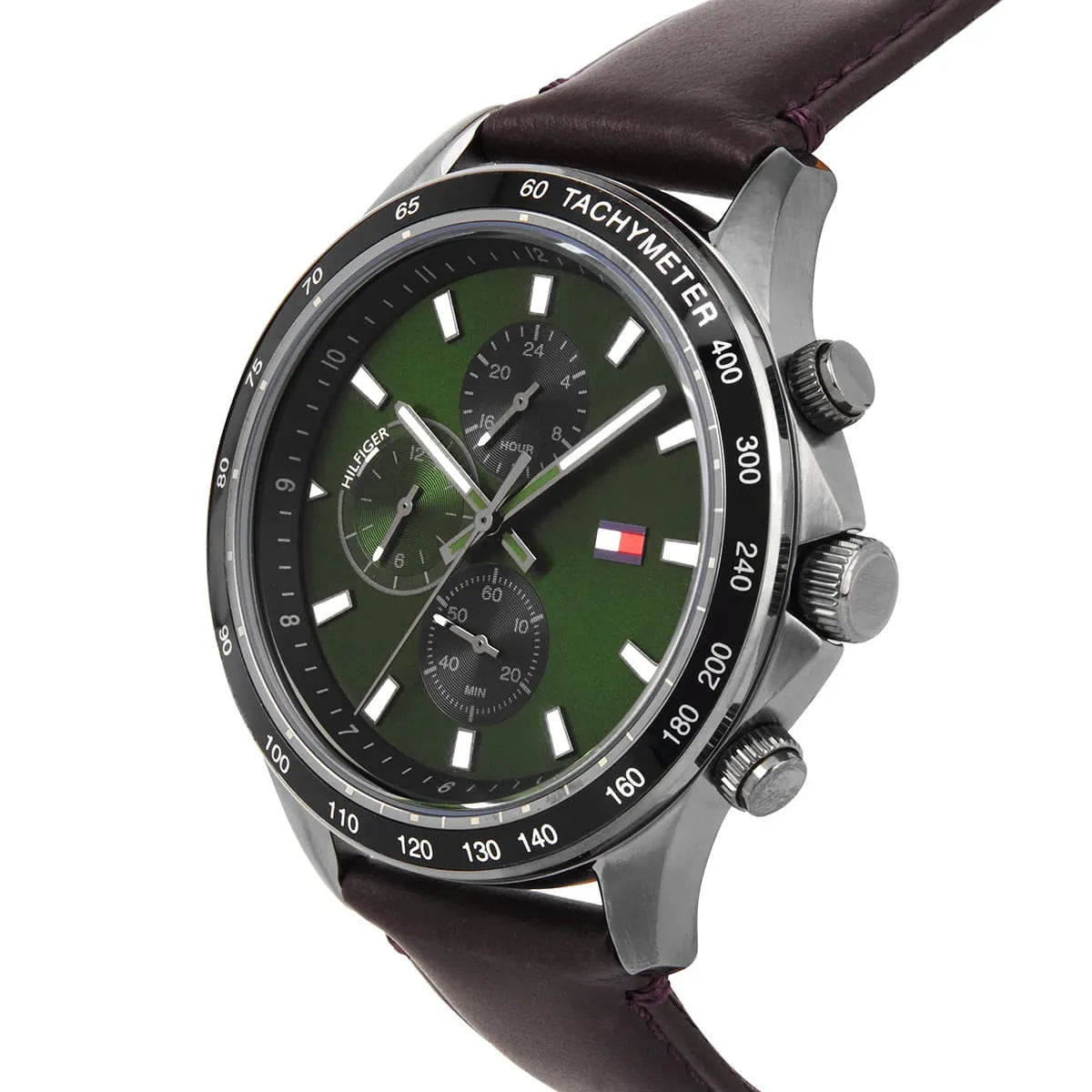 Right angled view of Tommy Hilfiger Miles 1792017 men's quartz battery watch highlighting gunmetal finish and green dial accents