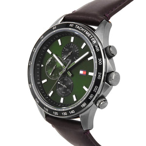 Right angled view of Tommy Hilfiger Miles 1792017 men's quartz battery watch highlighting gunmetal finish and green dial accents