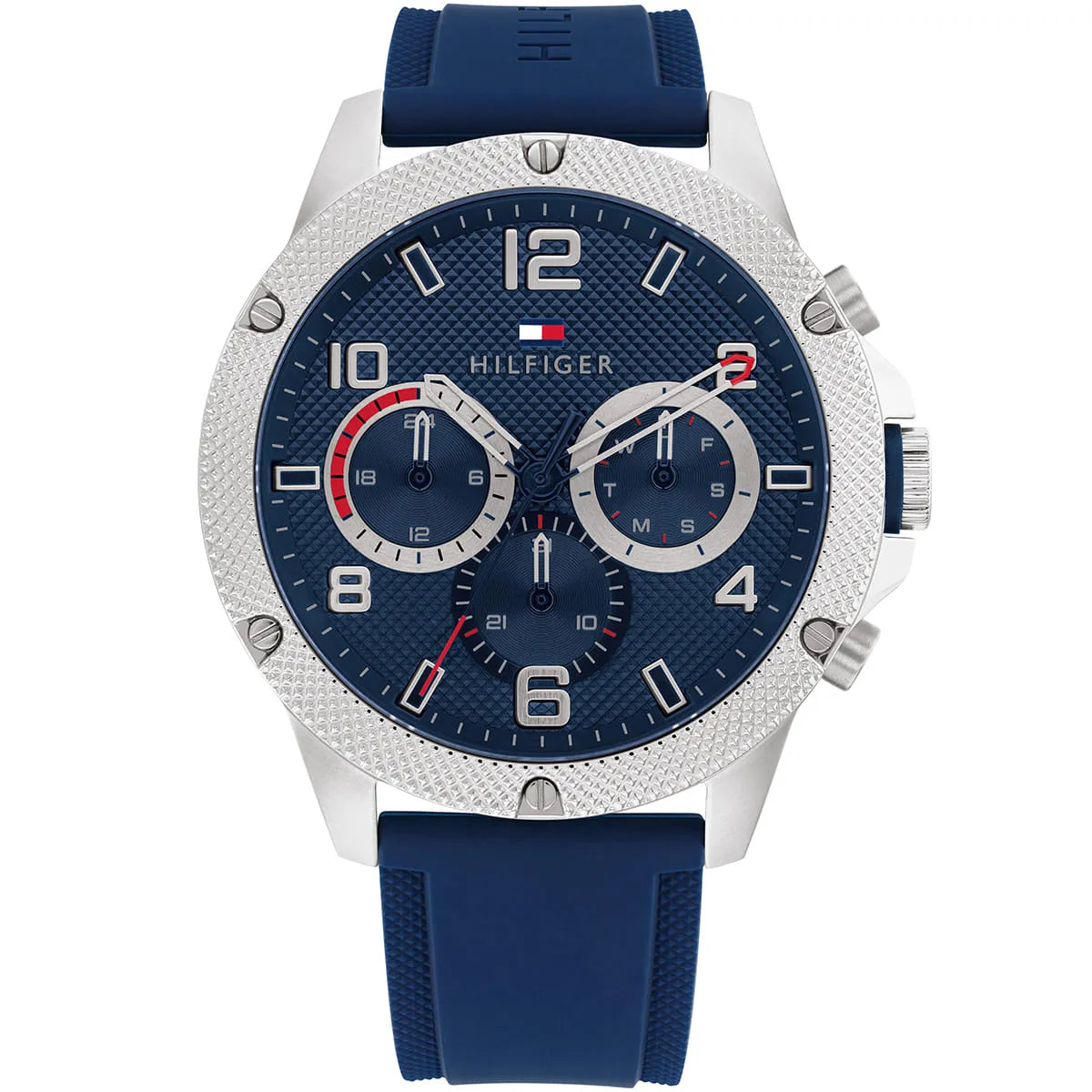 Authentic real-life photo of Tommy Hilfiger 1792027 showing actual blue rubber strap and textured bezel