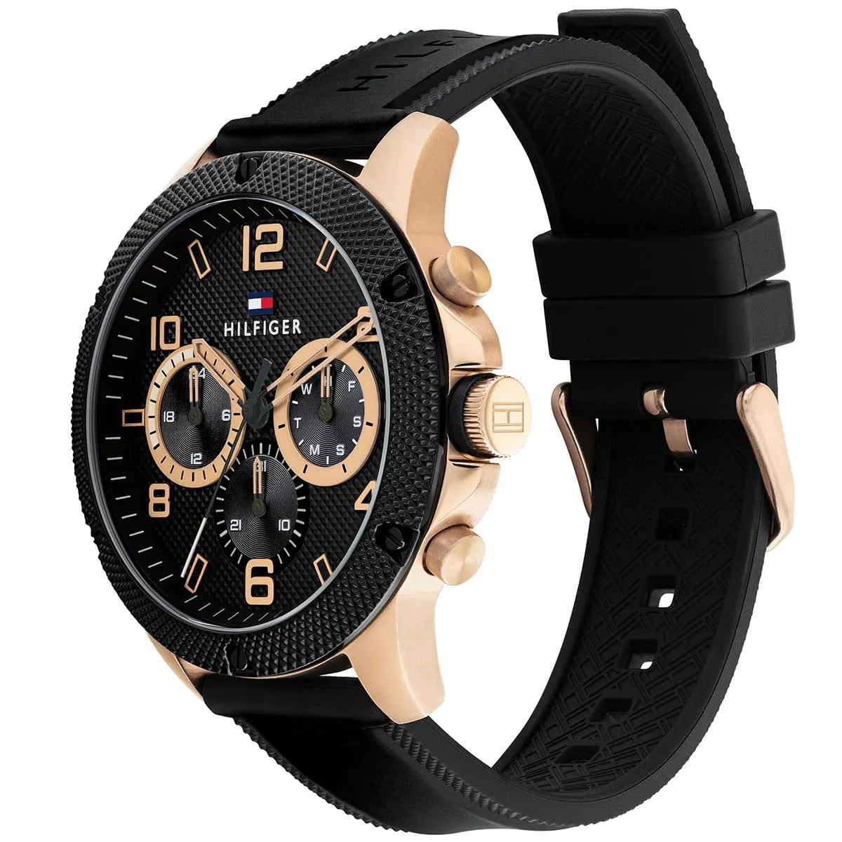 Angled real-life photo of Tommy Hilfiger 1792028 showing the rose gold case and black link texture