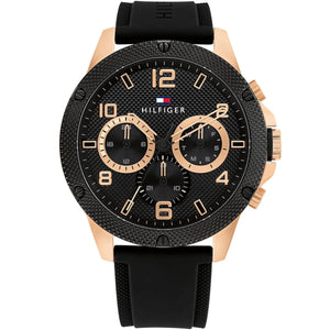 Authentic real-life photo of Tommy Hilfiger 1792028 showing actual rose gold case and black rubber strap