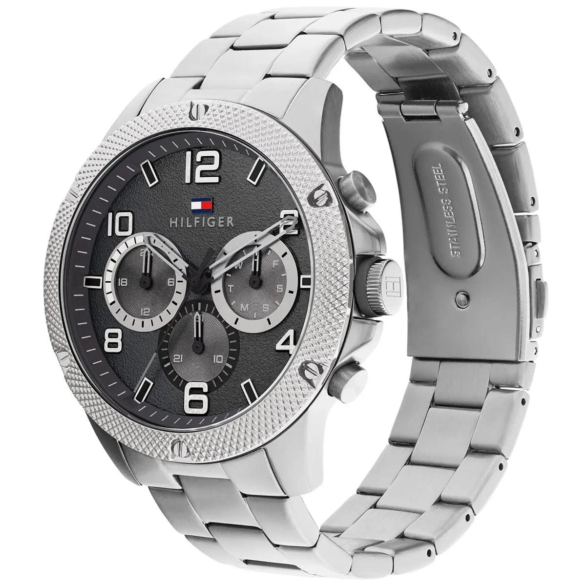 Angled real-life photo of Tommy Hilfiger 1792029 showing the silver case and knurled bezel