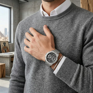 Lifestyle photo of Tommy Hilfiger 1792029 showing the watch on a man's wrist with silver bracelet
