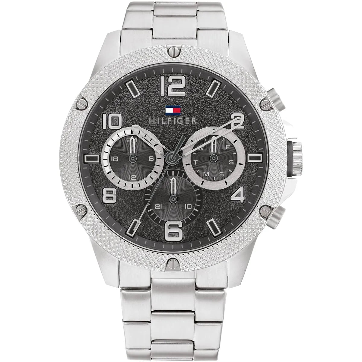 Authentic real-life photo of Tommy Hilfiger 1792029 showing actual silver shine and black textured dial
