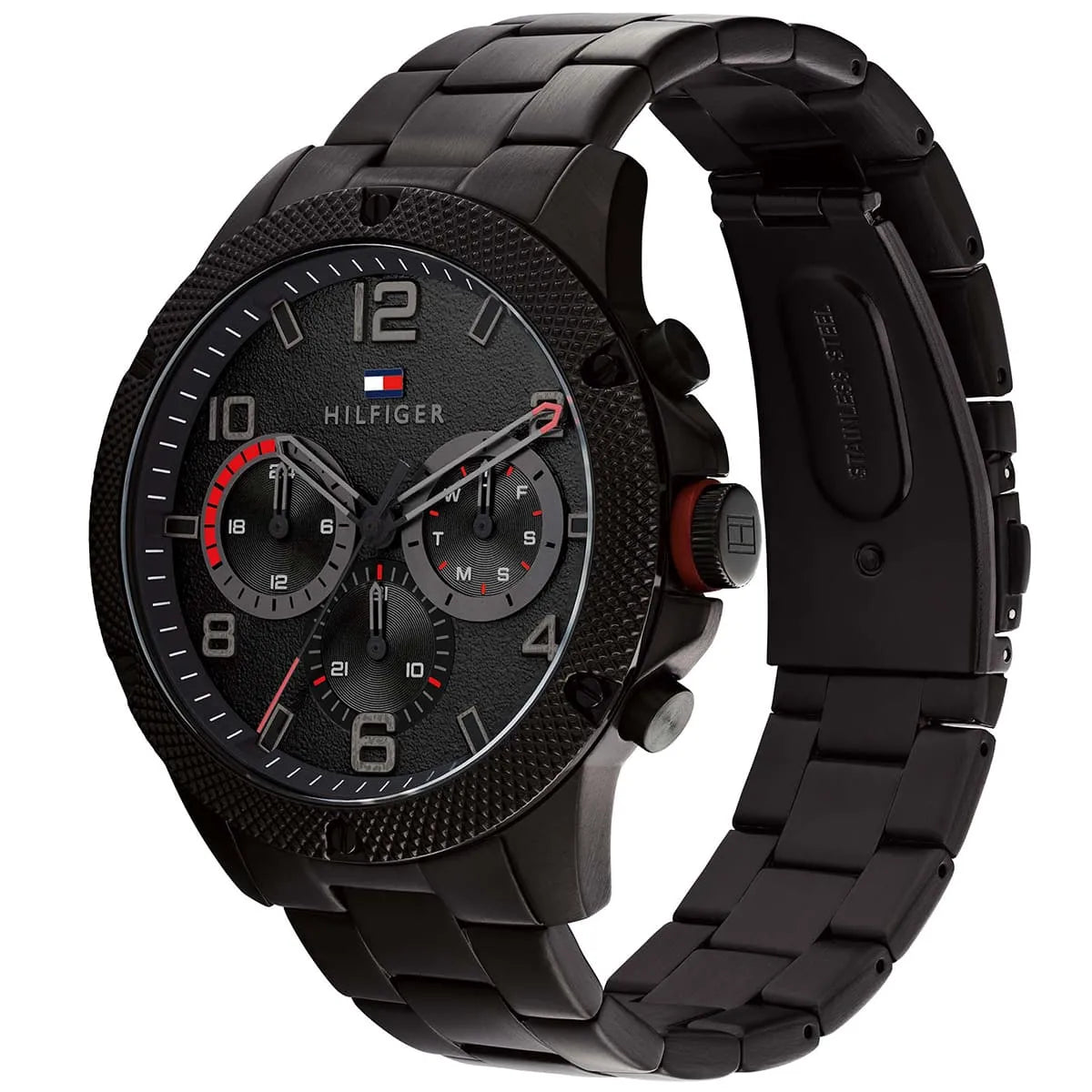 Angled real-life photo of Tommy Hilfiger 1792030 showing the black case and link strap