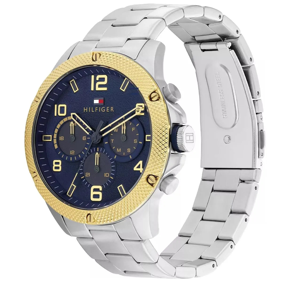 Angled real-life photo of Tommy Hilfiger 1792031 showing the silver case and gold knurled bezel