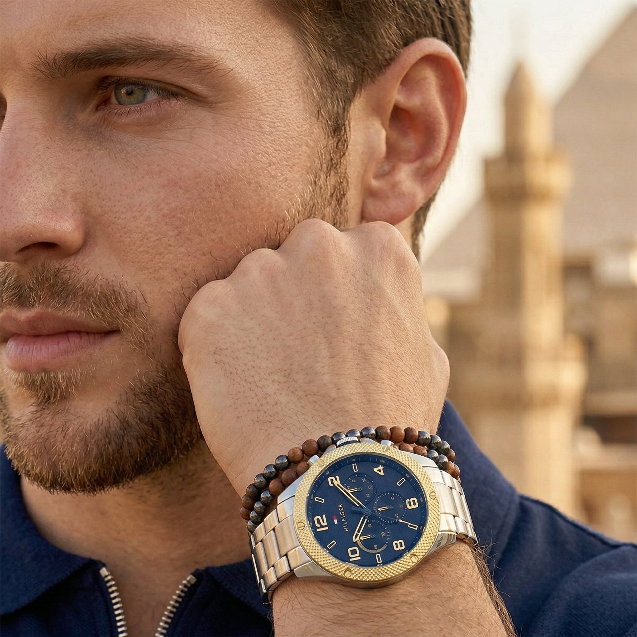 Lifestyle photo of Tommy Hilfiger 1792031 showing the watch on a man's wrist with silver bracelet