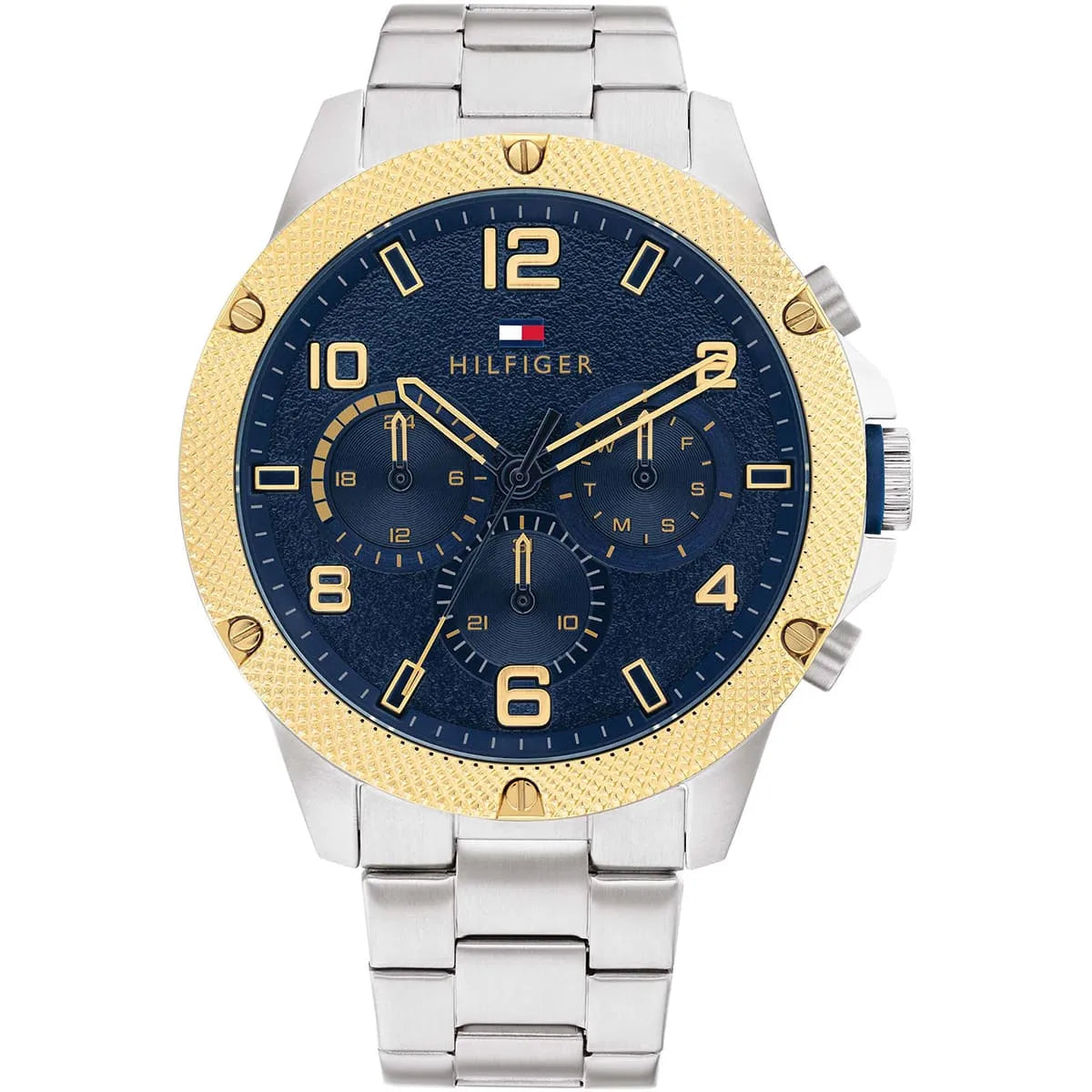 Authentic real-life photo of Tommy Hilfiger 1792031 showing actual silver shine and blue textured dial