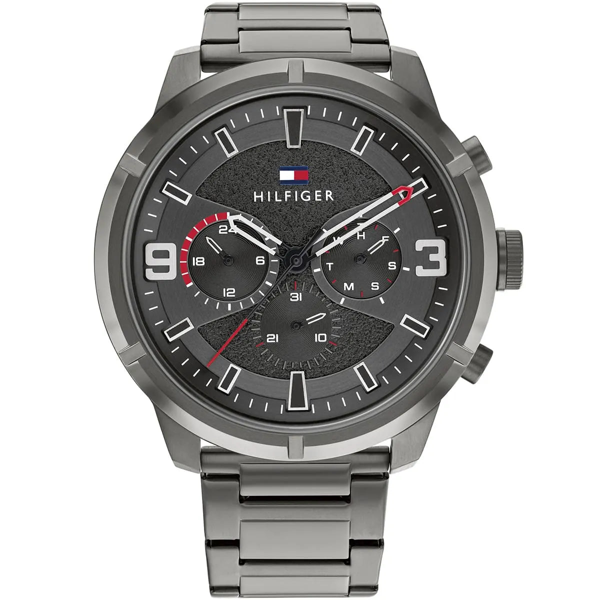 Tommy Hilfiger 1792071 men's watch featuring a gunmetal grey stainless steel case, multi-function textured dial with red accents, and metal bracelet