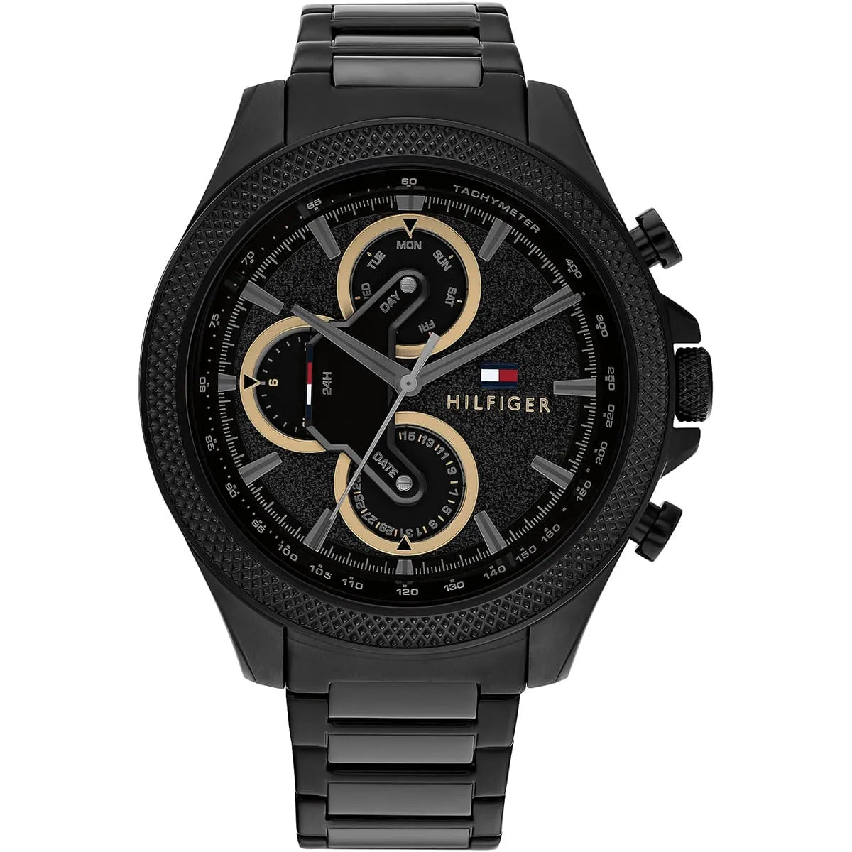 Tommy Hilfiger Clark 1792081 men's watch featuring a black stainless steel case, multi-function textured black dial with gold-tone accents, and black link bracelet