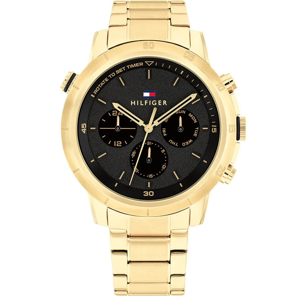Authentic real-life photo of Tommy Hilfiger 1792109 showing actual gold shine and black dial