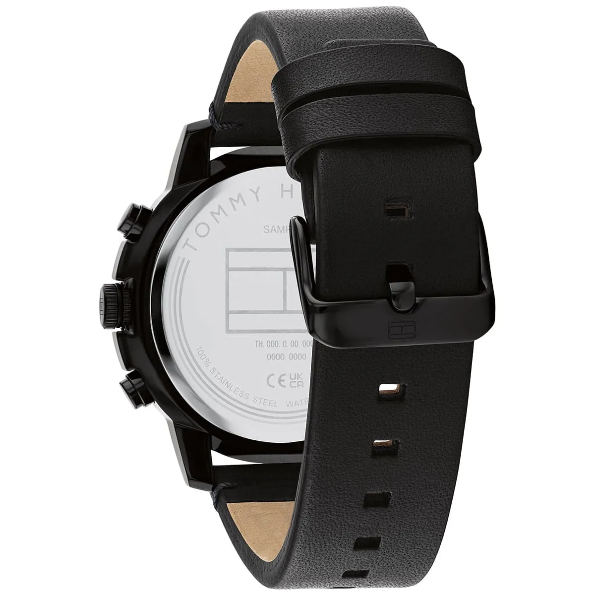 Photo of the black stainless steel buckle on the leather strap of Tommy Hilfiger 1792110