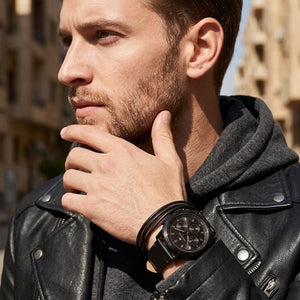 Lifestyle photo of Tommy Hilfiger 1792110 showing the watch on a man's wrist with leather strap