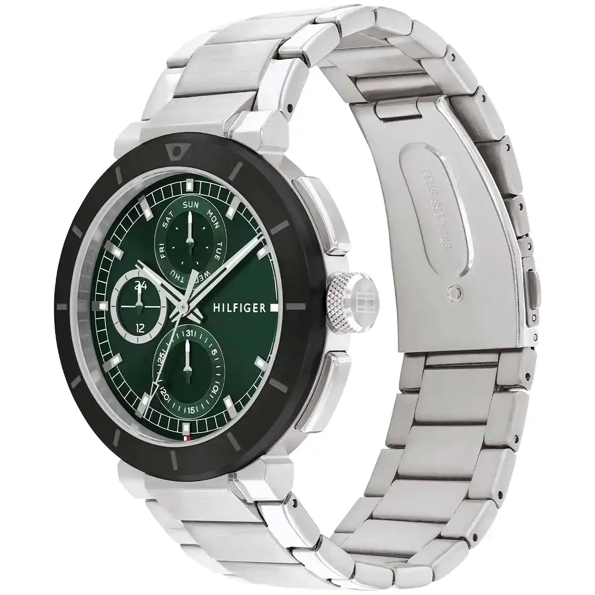 Right angled view of Tommy Hilfiger Lorenzo 1792117 men's quartz battery watch highlighting silver finish and green multi-function dial