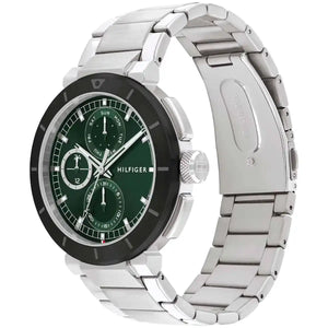Right angled view of Tommy Hilfiger Lorenzo 1792117 men's quartz battery watch highlighting silver finish and green multi-function dial