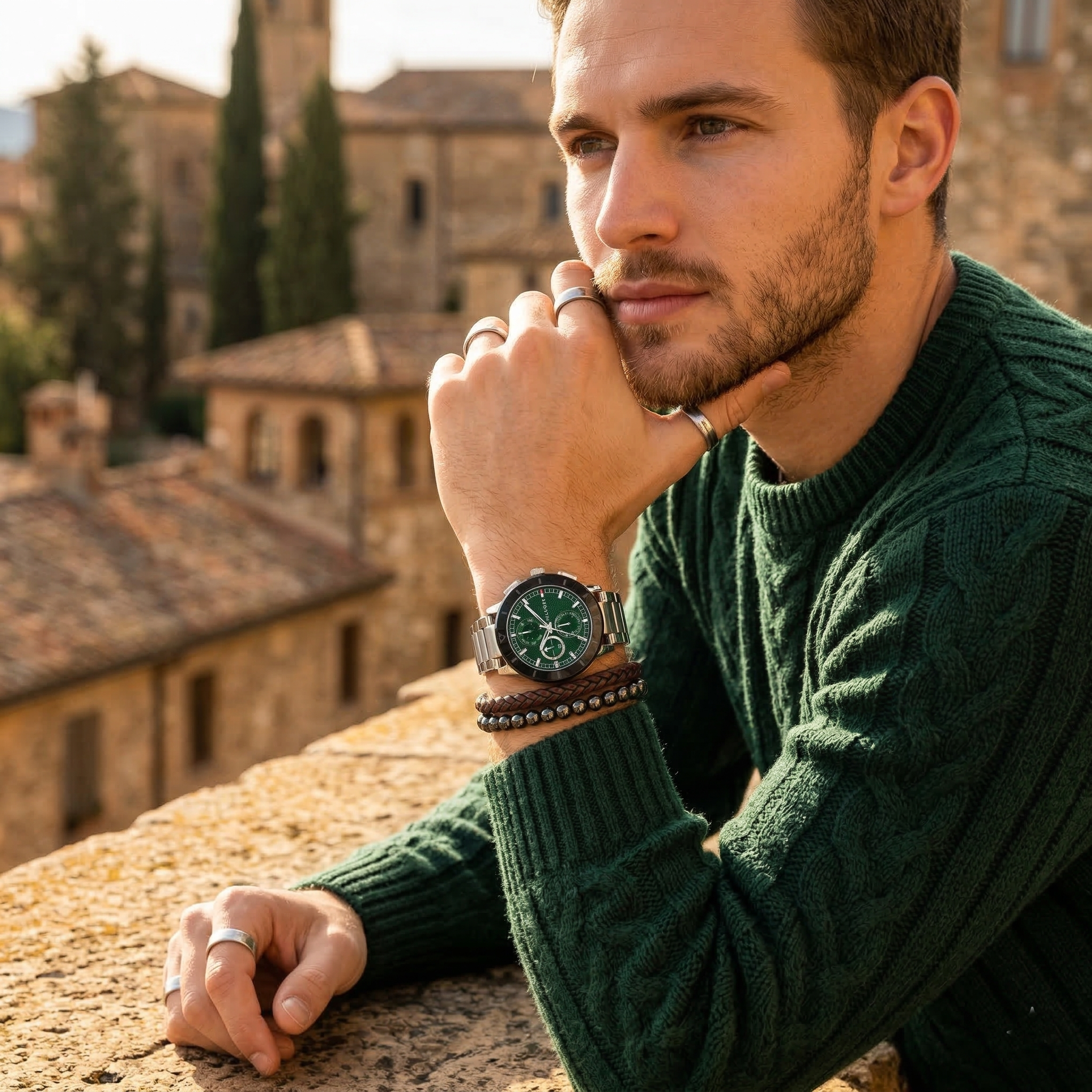 Elegant man wearing Tommy Hilfiger Lorenzo 1792117 men's quartz battery watch with silver-tone case and luxury green dial