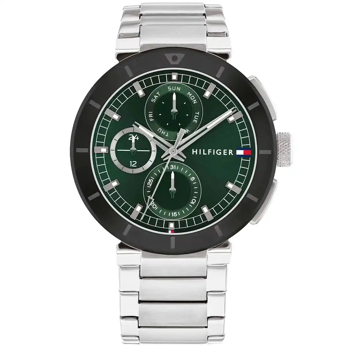 Tommy Hilfiger Lorenzo 1792117 men's quartz battery watch with green dial, silver-tone case, silver stainless steel bracelet main view