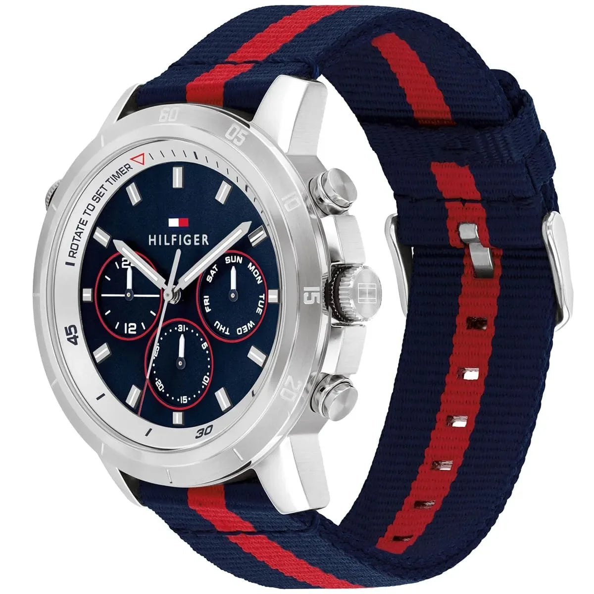 Tommy Hilfiger 1792124 Men’s Chronograph Watch – Blue Dial & Navy-Red Fabric Strap - Luxury Hub Store