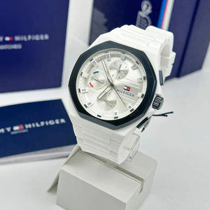 Tommy Hilfiger 1792150 Men’s Chronograph Watch – White Dial & White Rubber Strap - Luxury Hub Store