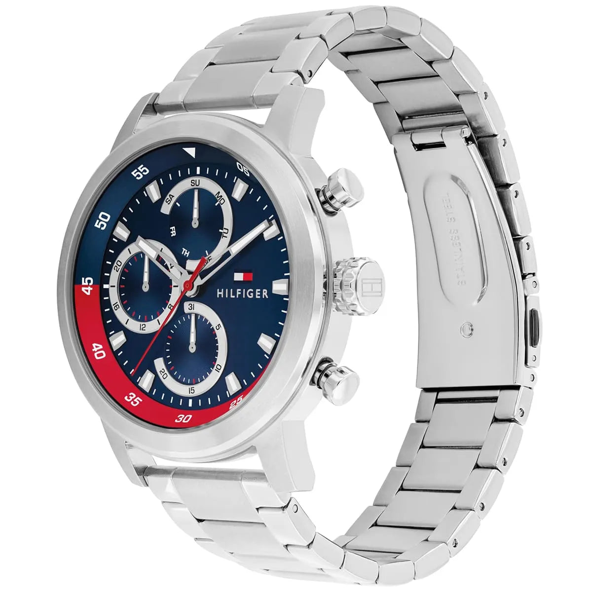 Detail photo of the silver-tone crown and pushers on the Tommy Hilfiger 1792179 men's watch