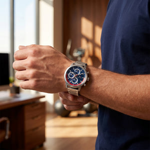 Close up shot of Tommy Hilfiger 1792179 on wrist showing the large silver case and multifunction dial