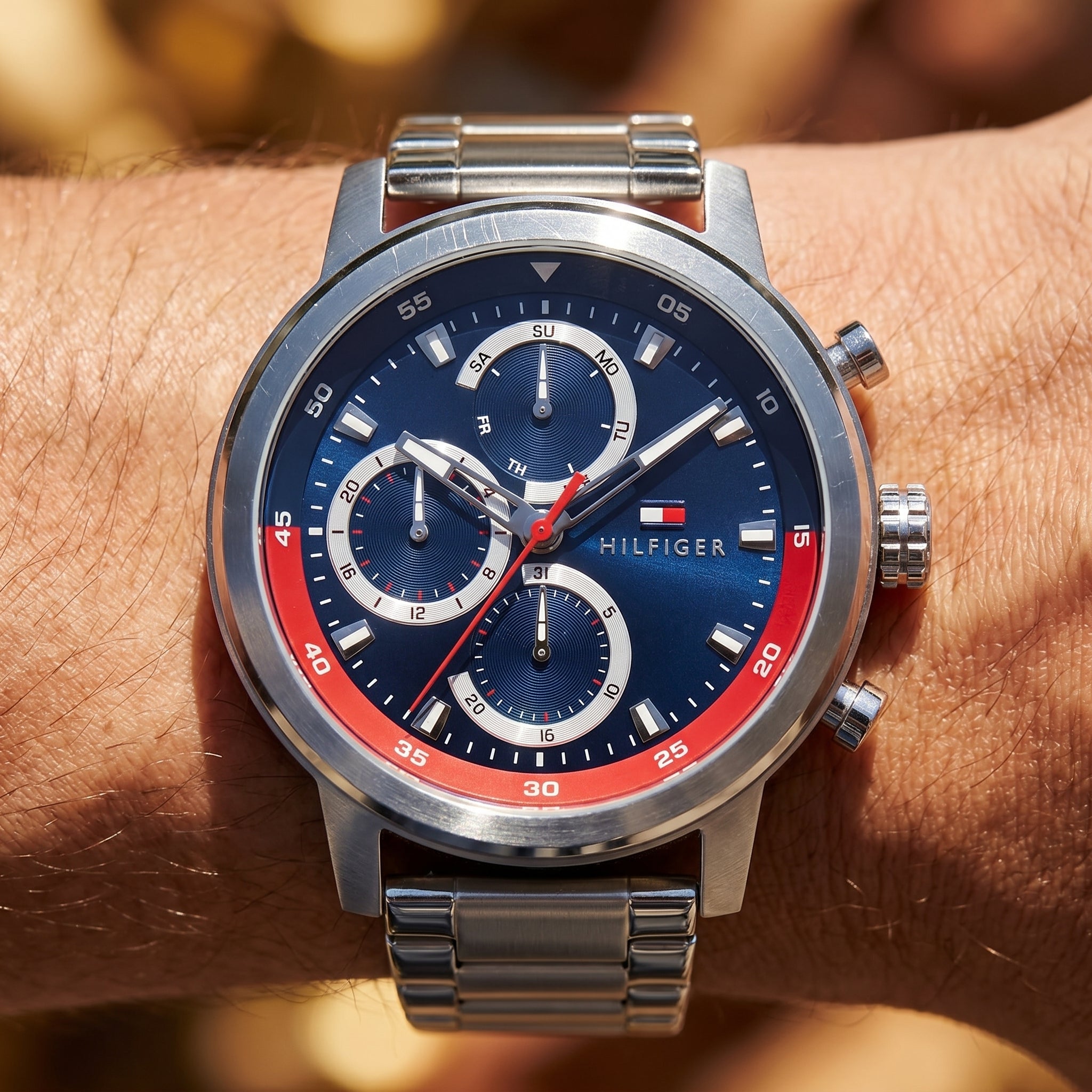 Close up shot of Tommy Hilfiger 1792179 on wrist showing the large silver case and multifunction dial