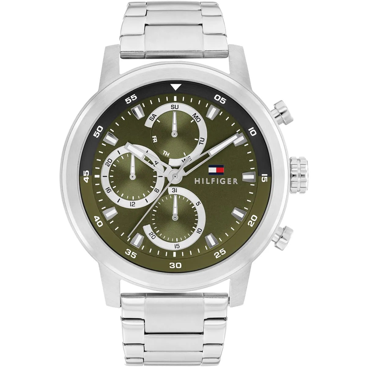 Authentic real-life photo of Tommy Hilfiger 1792180 showing silver bracelet and olive green dial