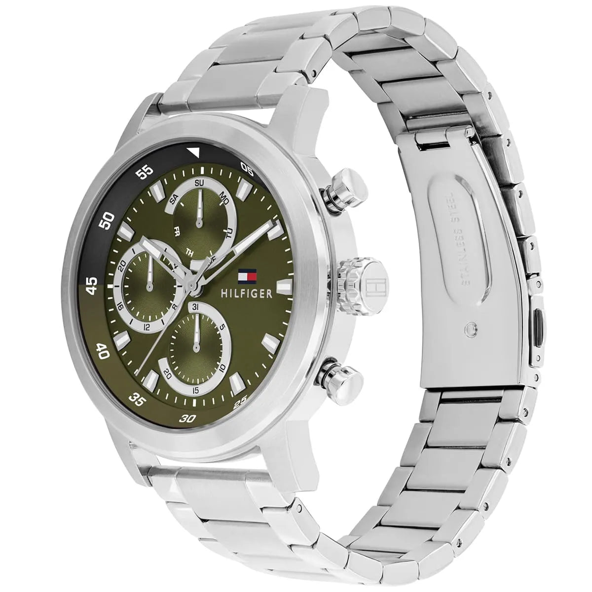 Lifestyle photo of Tommy Hilfiger 1792180 showing the bold silver watch on a man's wrist